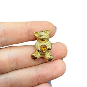 Vintage Avon Gold Tone Teddy Bear Lapel Tac Pin w/ Orange Yellow Rhinestone